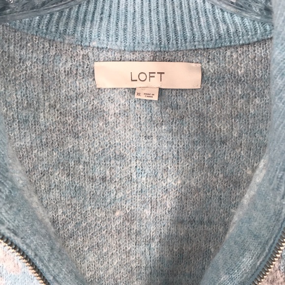LOFT Wool Blend Zip Collar Sweater Blue and Gray with Snowflakes Womens XL - Picture 4 of 6